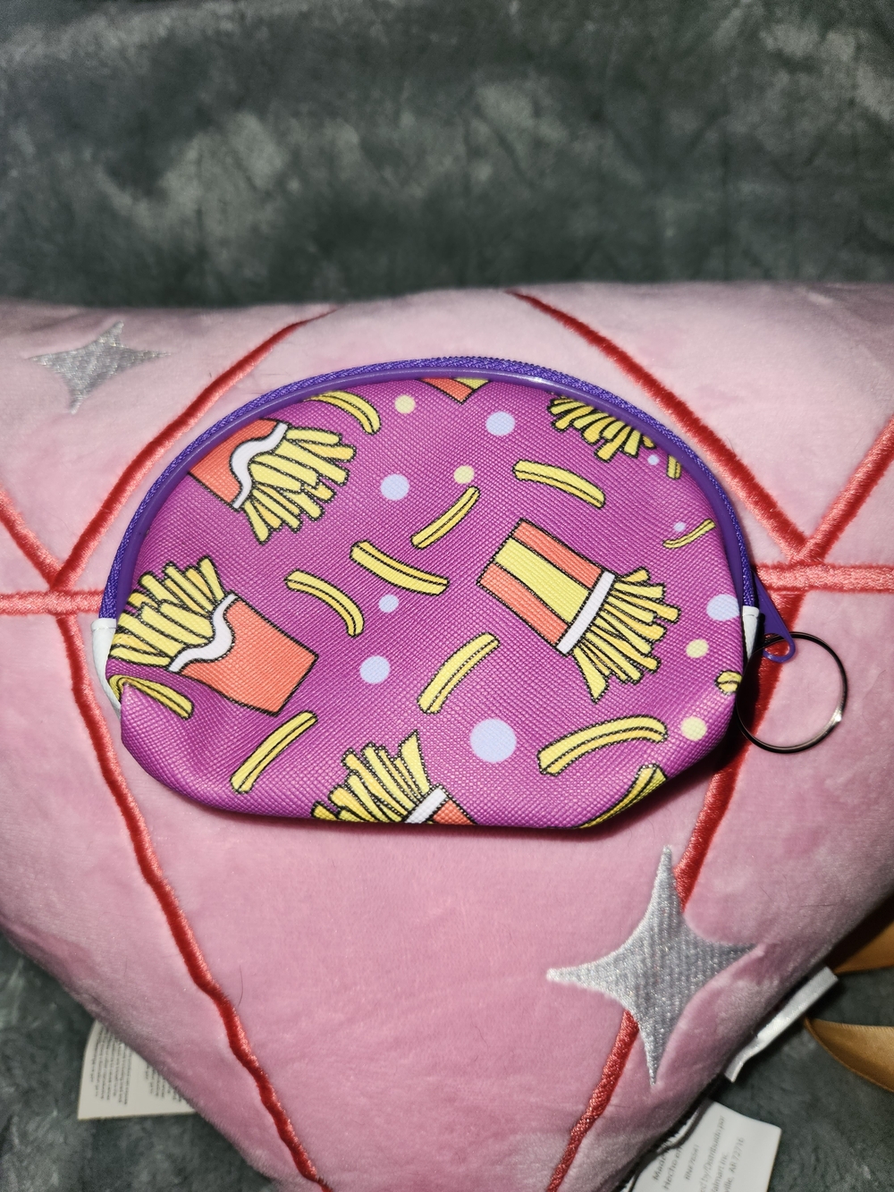 Kids Purple French Fry Print Coin Purse with Key Ring